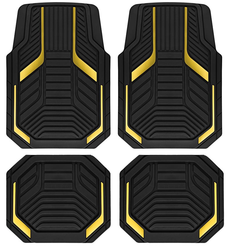 PIC AUTO Heavy Duty Rubber Floor Mats Yellow Aluminum Film Car Mats Set Front and Rear Car Mats with AntiSlip Backing All Weather Protection TrimtoFit for Automotive SUV Sedan Van